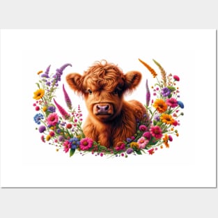 Highland Calf in Wildflowers Posters and Art